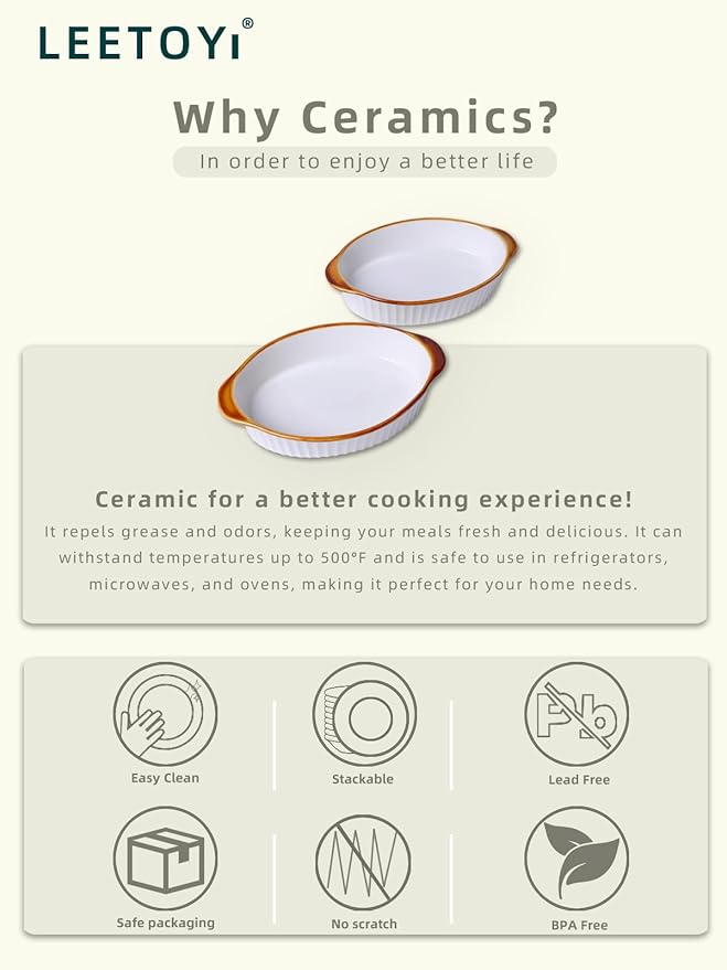 LEETOYI Porcelain Small Oval Au Gratin Pans,Set of 4 Baking Dish Set for 1 or 2 person servings, Bakeware with Double Handle for Kitchen and Home (White/Brown)