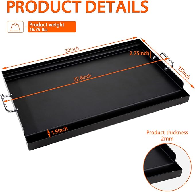 LotFun 30" x 15" Carbon Steel Cooking Griddle for Outdoor Gas Grill, Universal Griddle Flat Top Plate Insert with Grease Groove and Removable Handles for Electric/Charcoal/Gas Grill, Camping,Party