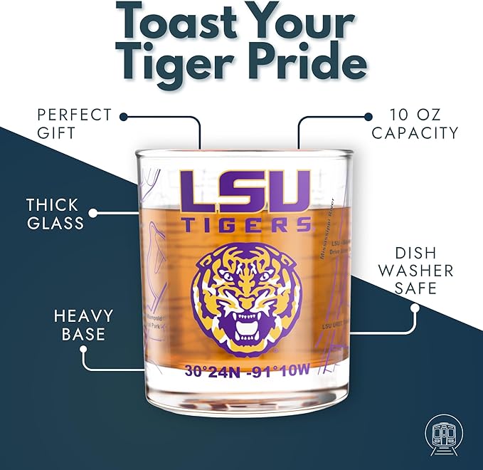 Greenline Goods – University of LSU Tigers College Whiskey Glasses (Set of 2), 10 oz – Full-Color Logo + Campus Map