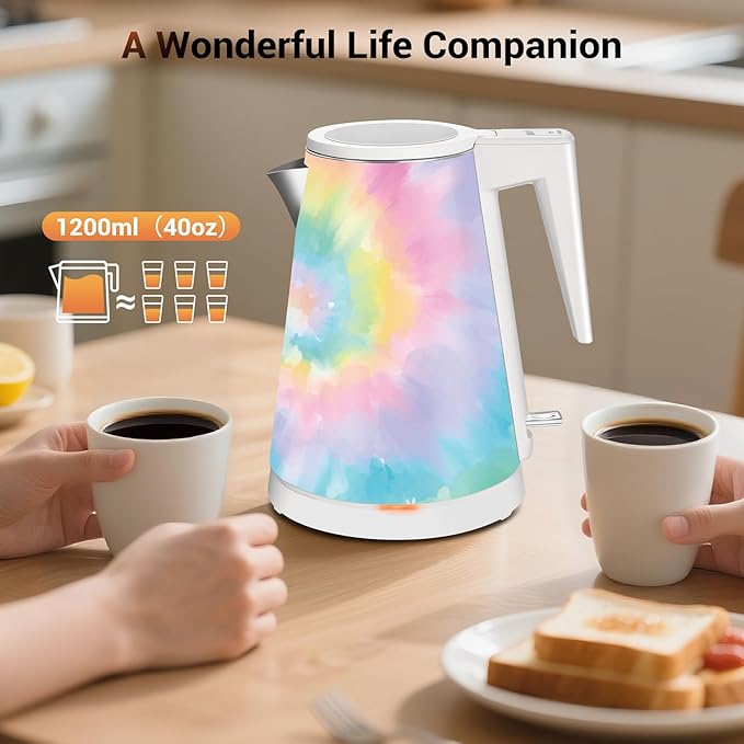 1.2L Double Wall Stainless Steel Interior Water Boiler, Cordless, 1000W Fast Boil with LED Light Coffee Pot & Tea Electric Kettle, Auto Shut-Off and Boil-Dry Protection (Tie-Dye Swirls)
