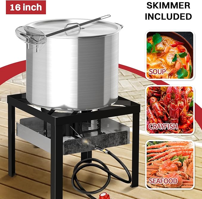 100QT Crawfish Boiler | Seafood Boiling Kit | Dustproof Cover & 16" Skimmer Included | 110,000BTU Propane Jet Burner | 0-20 PSI CSA Certified Regulator | Crab Boil Pot for Outdoor Backyard Cooking
