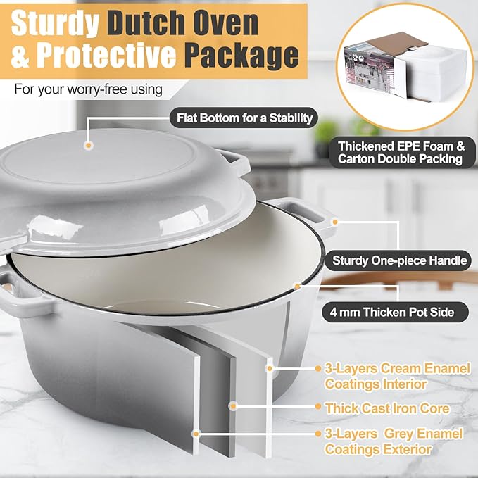 P&P CHEF 5Qt Dutch Oven Pot for Bread Baking (Gray), 2 In 1 Round Cast Iron Dutch Oven with Lid Set, Skillet & Pot for Roasting Braising Stewing Frying Simmering, Multi Stoves & Oven Safe