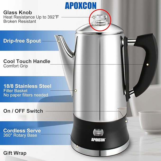 Electric Coffee Percolator Stainless Steel Coffee Maker with Clear Brew Progress Tough Glass Knob and On/OFF Switch Classic Coffee Pot with Keep Warm & Cordless Serve No Aluminum (12 Cup)