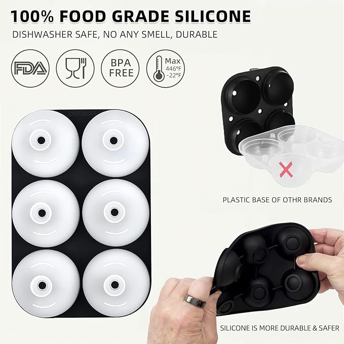 Whiskey Cocktail Ice Mold, Easy Fill and Release Silicone Round Ice Ball Maker Mold Large Square Ice Cube Tray with Lid - 6 Ice Balls + 6 Ice Cubes Black