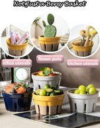 Gomakren Ceramic Berry Basket Set of 2, Round Fruit Bowls with Holes, Rustic Fruit Basket Containers for Kitchen, Berries, Strawberry, Grape, Cherry, Yellow + Brown