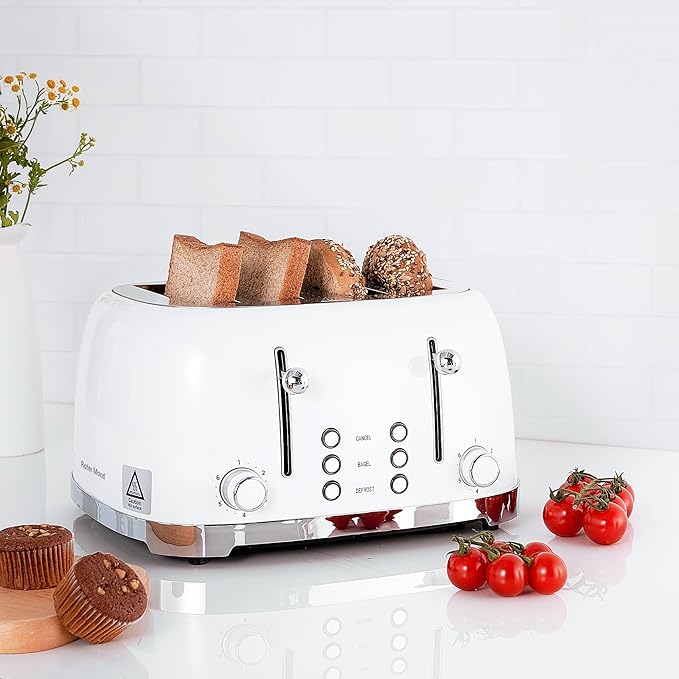 Roter Mond 4 Slice Toaster Retro Stainless Steel with Bagel Defrost Cancel Function, 6 Browning Settings, Extre Wide Slot and Removable Crumb Tray, White, ST033