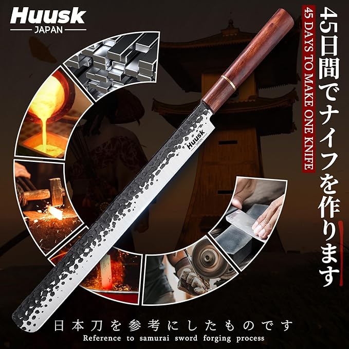Huusk Japanese Brisket Carving Knife - 11in Slicing Knife for Meat Cutting Made by High Carbon Steel, Hand Forged Ultra Sharp Brisket Slicer with Wood Handle for BBQ Grilling Roast, Gift for Men Dad