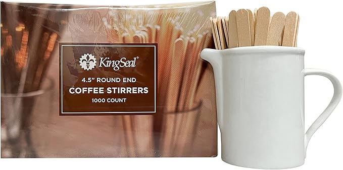 10,000 Count | KingSeal Natural Birch Wood Coffee Beverage Stirrers, Stir Sticks, Waxing Sticks, Popsicle Sticks, 4.5 Inches, Round End - 10 Boxes x 1000 Stirrers