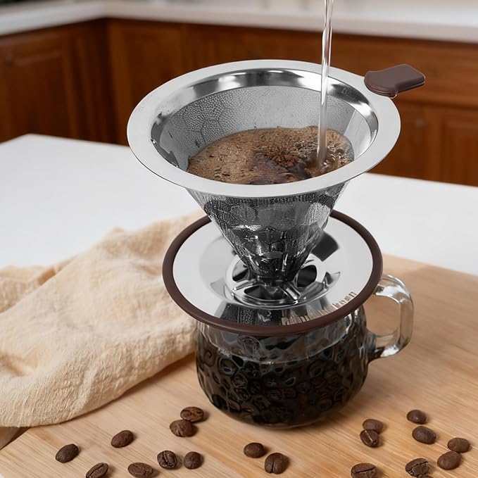 Pour Over Coffee Dripper, Stainless Steel Coffee Filter, Paperless Reusable Coffee Filter, Metal 600 Mesh Strainer Coffee Maker Single Cup Brewer 1-2 Cup