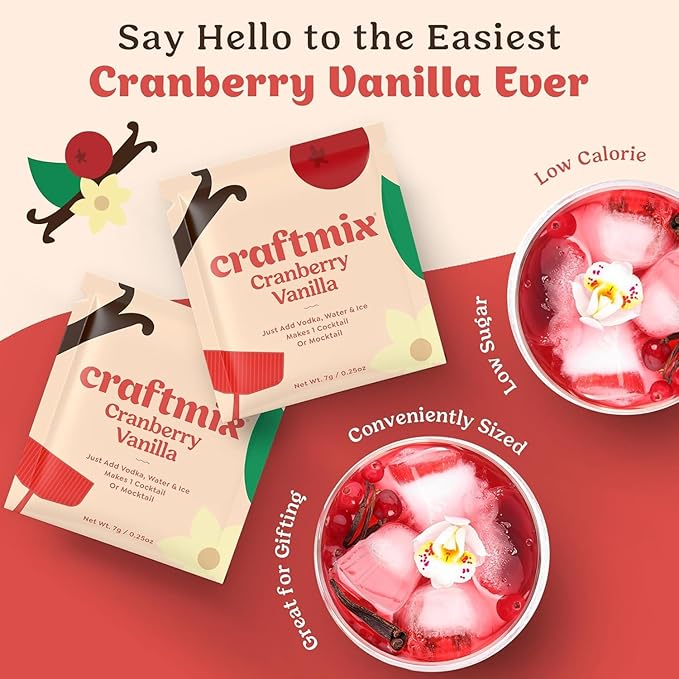 Craftmix Cranberry Vanilla Mix, Makes 12 Drinks, Cranberry Cocktail Mixer, Instant Skinny Cocktail and Mocktail Mix - With Real Fruit - Vegan Low Carb, Low Sugar, Non-GMO, Gluten Free, Easy to Mix