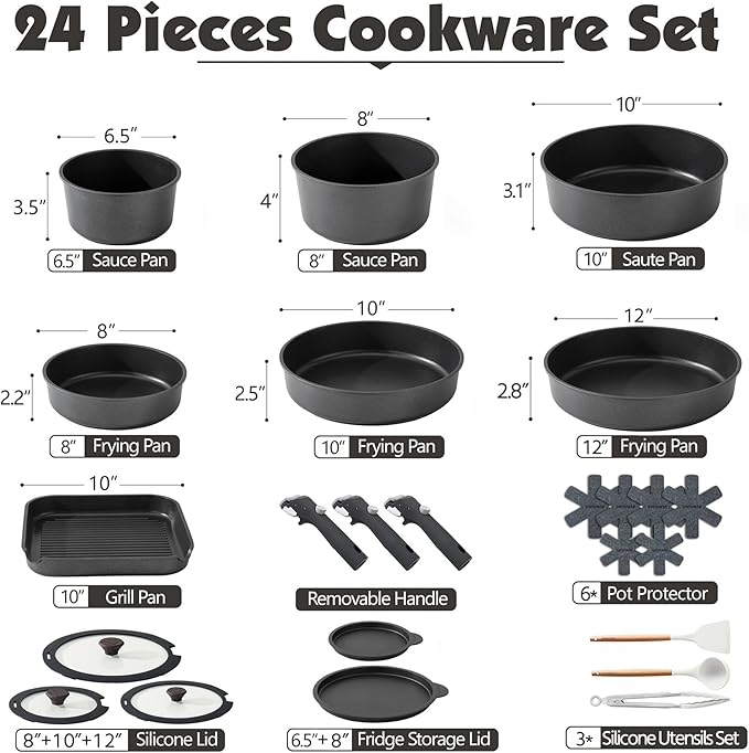 SENSARTE 24 Piece Pots and Pans Set, Nonstick Detachable Handle Cookware, Induction Kitchen Cookware Set with Removable Handle, Healthy Non Stick for RV, Dishwasher＆Oven Safe (Black)