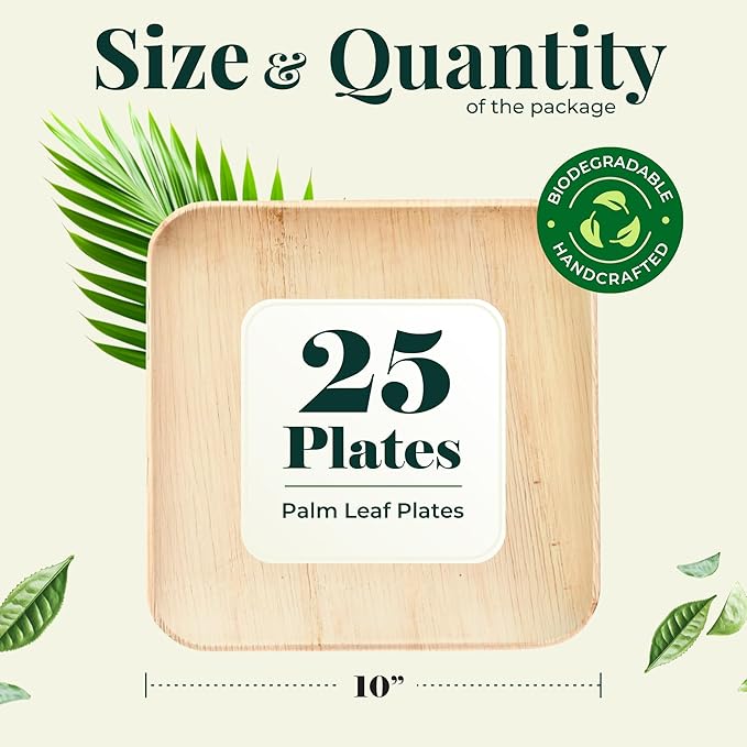 Palm Leaf Plate 10 Inch Bamboo Paper Plates Disposable 25 Dinner Square Party Plate Event Tableware Eco Biodegradable Compostable Wooden Best Alternative to Plastic, By KoalaLove