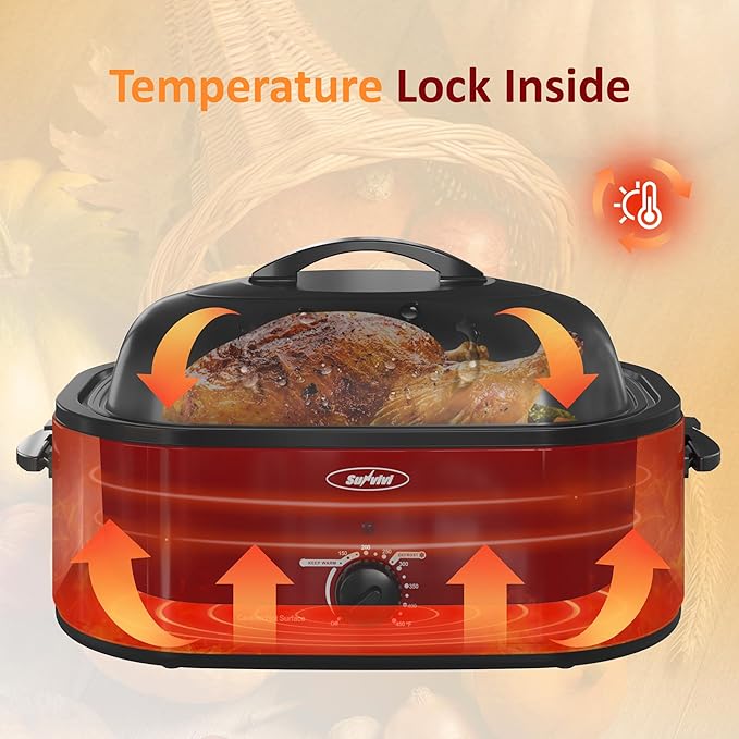 Sunvivi 20-Quart Roaster Oven with Self-Basting Lid, Electric Turkey Roaster Oven with Removable Pan and Rack, Stainless Steel, Red