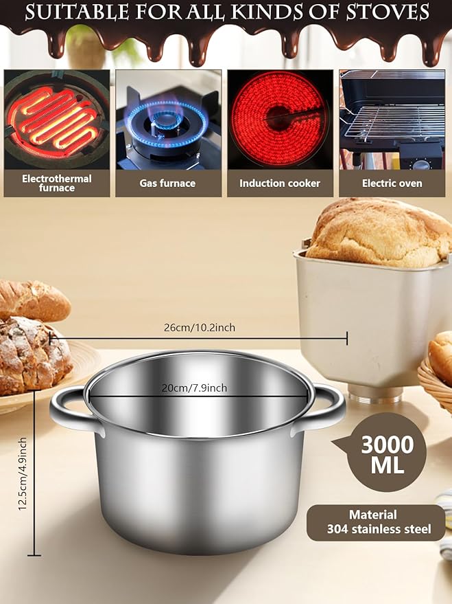 Artcome 304 Stainless Steel Melting Pot Set with Dual-Handles, Silicone Spatula & Spoon, 2600ml Pot & 1200ml Melting Bowl, Heat-Resistant Silicone Handles, Perfect for Melting Chocolate, Butter