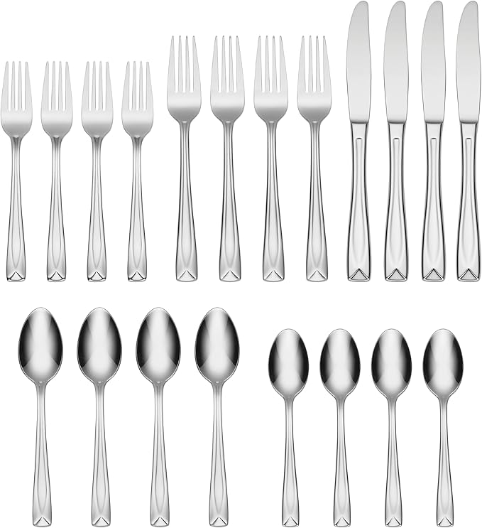 Oneida Lincoln 20 Piece Everyday Flatware, Service for 4, 18/0 Stainless Steel, Silverware Set, Dishwasher Safe, Silver