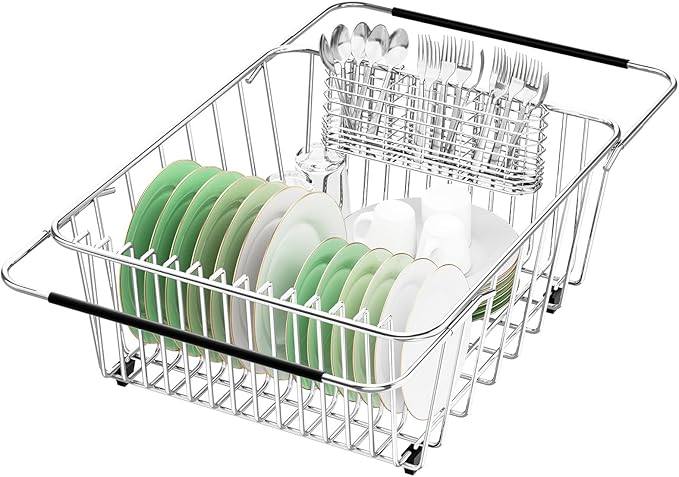 Large Sink Dish Drying Rack, Expandable 304 Stainless Steel Metal Dish Drainer Rack Organizer Shelves with Stainless Steel Utensil Holder Over Inside Sink, Rustproof