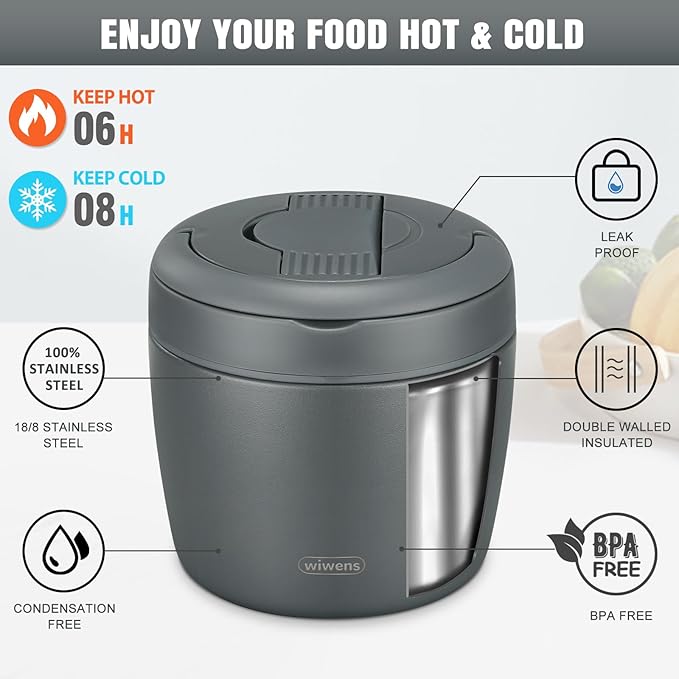 Thermo Food Jar for Hot Food Adults 32OZ Soup Thermo Lunch Containers Wide Mouth Vacuum Insulated Stainless Steel Leakproof Bento Box with Spoon (Grey)