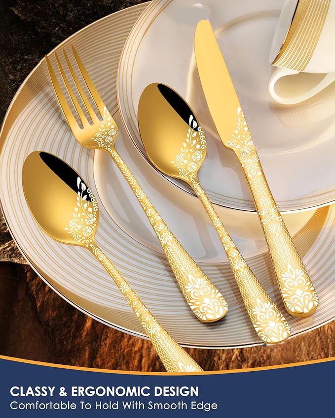 EUIRIO 48-Piece Gold Silverware Set with Steak Knives, Gold Flatware Set for 8, Stainless Steel Cutlery, Knives, Forks and Spoons, Unique Pattern Design, Mirror Polish, Dishwasher Safe