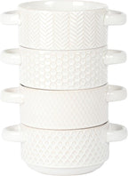 Gibson Elite Oyster Tide Embossed 6 Inch Soup Bowls with Handles. French Onion Soup Crocks, Stackable Soup Bowl, Chili, Beef Stew Reactive Glaze Stackable Ceramic Bowl, Set of 4, White