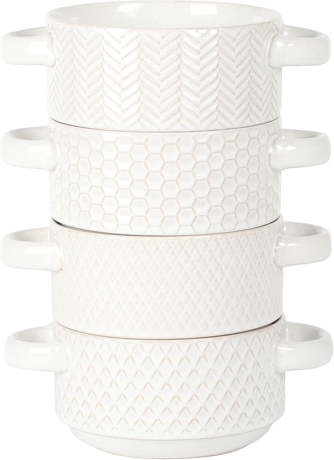 Gibson Elite Oyster Tide Embossed 6 Inch Soup Bowls with Handles. French Onion Soup Crocks, Stackable Soup Bowl, Chili, Beef Stew Reactive Glaze Stackable Ceramic Bowl, Set of 4, White