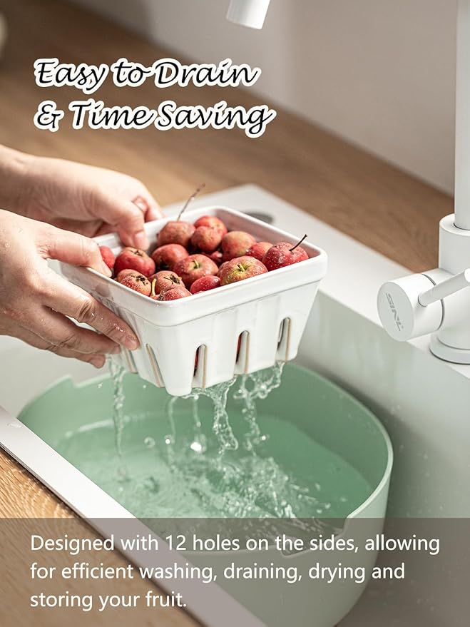 Gomakren Fruit Bowl with Holes, Ceramic Berry Basket Set of 2, 5.7 Inch Square Fruit Basket for Kitchen, Berry Containers Colander - Farmhouse Kitchen Decor, White