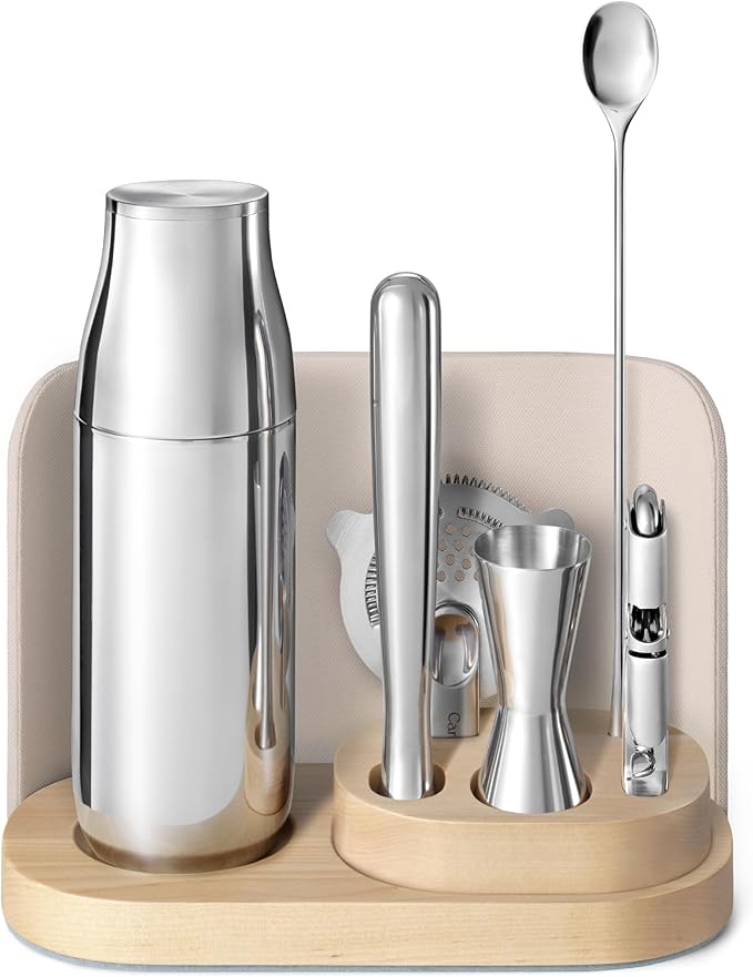 Caraway 9-Piece Complete Bar Set - Cocktail Shaker, Jigger, Muddler, Wine Key, Strainer, Bar Spoon, Storage Organizer, Magnetic Backer - Bartender Accessories - Tools for Home Bartending - Cream