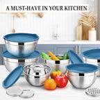 TeamFar Mixing Bowls with Lids Set, 6PCS Stainless Steel Metal Nesting Salad Bowl with 3 Grater Attachments, for Food Baking/Mixing/Serving/Storing, Dark Blue- 4.6/2.6/2 / 1.5/1 / 0.7 QT