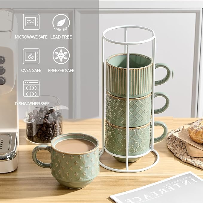 JIEMEI HOME Large Ceramic Coffee Mug Set of 4 with Stand, 15 Oz Stackable Embossment Ribbed Latte Cup Set for Cappuccino, Latte, Tea, Hot Cocoa, Drinks - Dishwasher & Microwave Safe, Vintage Turquoise