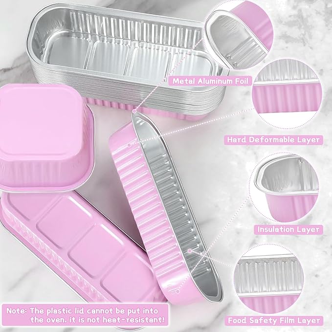 80 Pack Mini Loaf Pans Mini Cake Pans with Lids and Spoons Sealing Sticker, 6.8oz Rectangle Aluminum Foil Baking Pans Disposable Loaf Cake Pan for Baking (Pink, Mix Size)