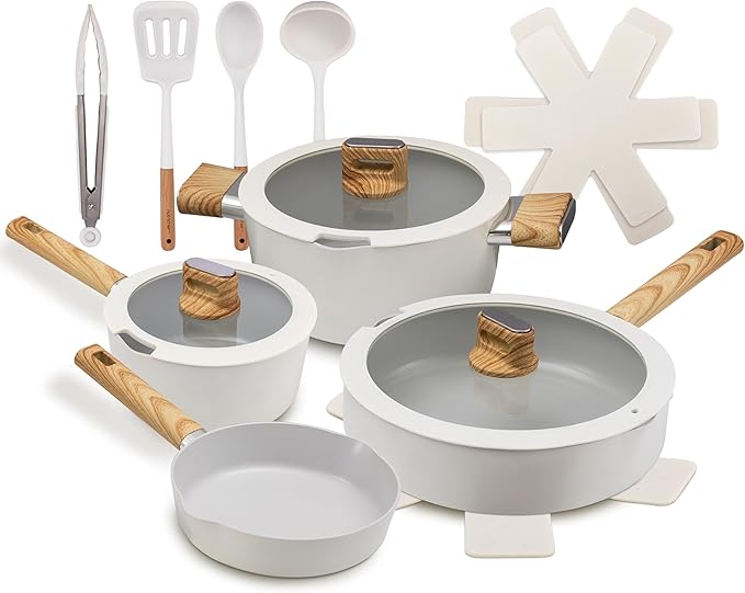 NutriChef 14-Piece pots and pans Set Ceramic Cookware Set - Induction Safe Pots and Pans with Glass Lids, Cool-Touch Handles, Dishwasher Safe, Includes Ladle, Tongs, Spatula, White