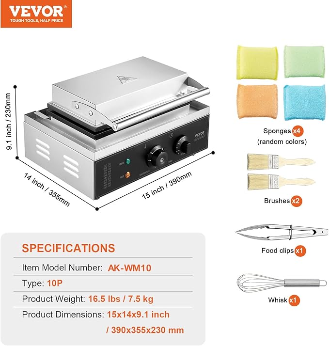 VEVOR Commercial Waffle Maker, 10PCS Rectangle Waffle Baker Machine, 1550W Non-Stick Stainless Steel Belgian Waffle Iron with Temp and Time Control, Handle, for Restaurant Bakery Snack Bar Family
