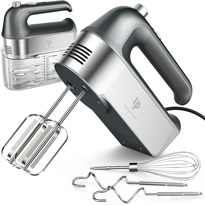 Hand Mixer Electric, 450W Kitchen Mixers with Scale Cup Storage Case, Turbo Boost/Self-Control Speed + 5 Speed + Eject Button + 5 Stainless Steel Accessories, For Easy Whipping Dough,Cream, Cake