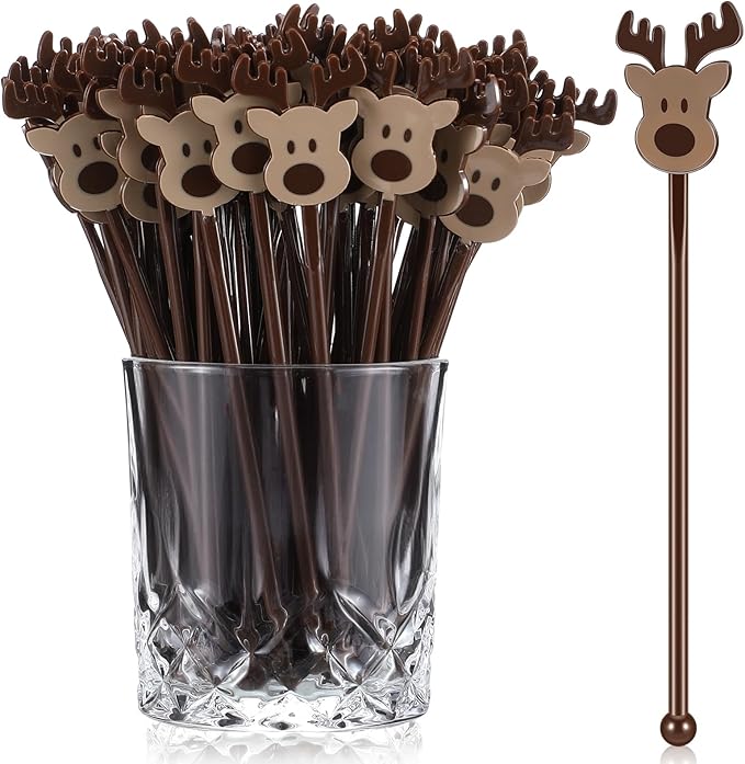 Chengu 100 Pcs Christmas Drink Stirrers Xmas Stir Sticks Bulk Holiday Coffee Stirrers Plastic Swizzle Stick Hot Cocoa Bar Supplies Chocolate Decoration Reusable Cocktail Mixer(Reindeer)