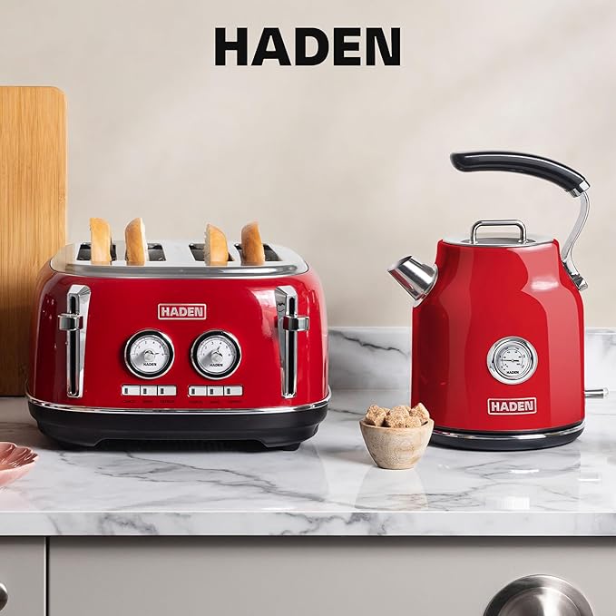 Haden Dorset 1.7 Liter Stainless Steel Electric Kettle, Hot Water Kettle with 360-Degree Base and Auto Shutoff, Rectory Red