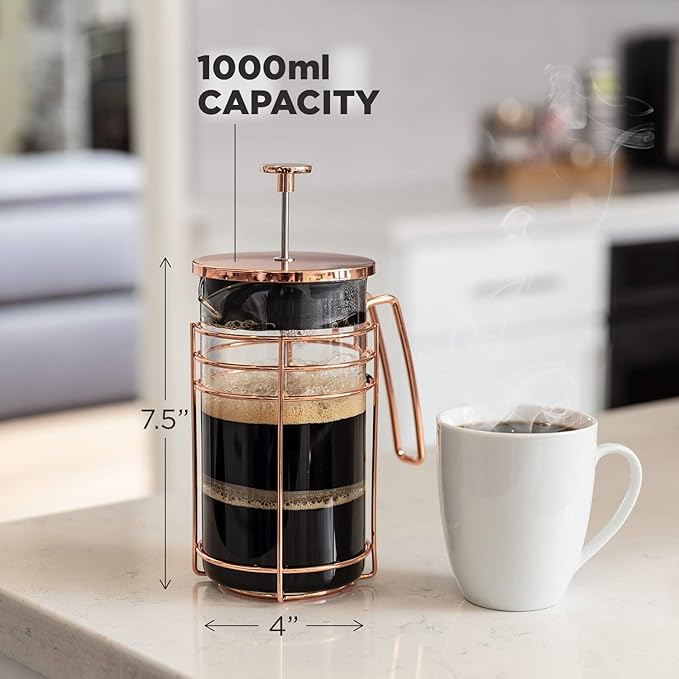 French Press and Tea Maker - 1000ml Coffee Maker Press - Premium Coffee Press with Rose Gold Finish - Thick Glass and Stainless Steel Coffee Brewer - French Press Coffee Maker for Tea, Latte, Expresso