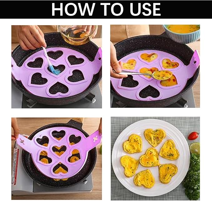 7-Cavity Pancake Maker Mold,Silicone Egg Ring Maker for Nonstick Cooking - Create Fun Shape Breakfast for Kids, Easy to Use with Handle for Microwave, Oven