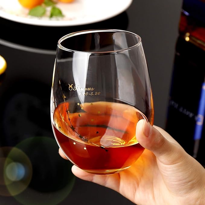 Taurus Stemless Wine Glass 20 Oz - Zodiac Birthday Gifts for Women Men, Golden Cup, Constellation Tumbler, Astrology Gift