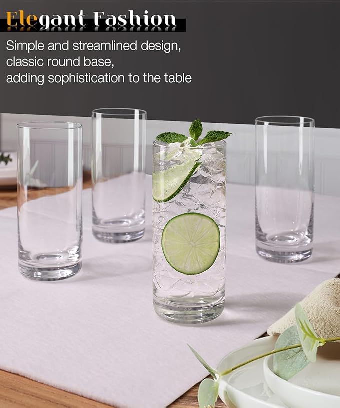 LUNA & MANTHA Highball Glasses Set of 4, 13 OZ Drinking Glass, Lead-Free Crystal Water Glassware, Tall Glass Cups for Mojito, Tom Collins, Cocktail, Home Bar