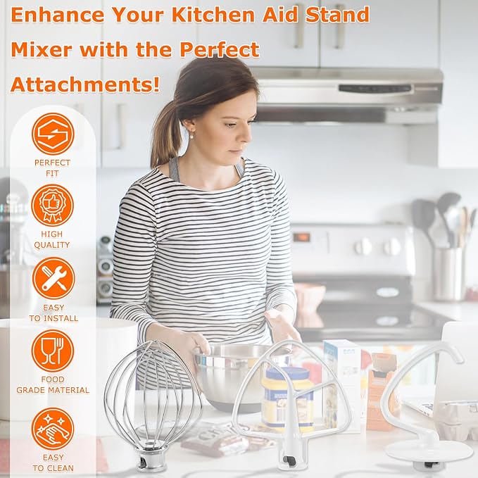 Stand Mixer Attachments 3-Piece Kit -Replace for Kitche.n aid Accessories K45WW Wire Whip/ K45DH Dough Hook /K45B Coated Flat Blade Paddle with Scraper -Stainless Steel by TOMOON
