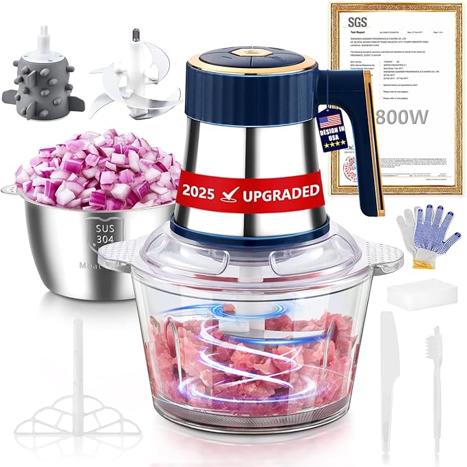 5-in-1 Electric Food Processor【800W Powerful German Motor】【6 Titanium Steel Blades | 6S Meat Grinding】Meat Grinder for Kitchen Use, Food Chopper for Vegetable, Fruits, Nuts, Baby & Pet Food(Blue)