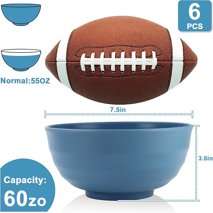 Large Soup Bowl 60 OZ, Wheat Straw Bowl Set of 6, Large Plastic Bowls Rusable, Microwave Safe Big Bowl for Fruit, Salad, Popcorn, Serving Bowls for Kitchen, Picnic, RV - Bule