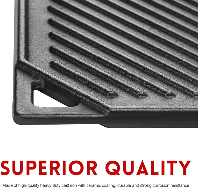 GGC Reversible Cast Iron Griddle, Double-sided Griddle Pan for Stove Tops, Gas Grills and Outdoor Cooking, 16.5 x 9.5 Baking Flat and Ribbed Griddle Plate