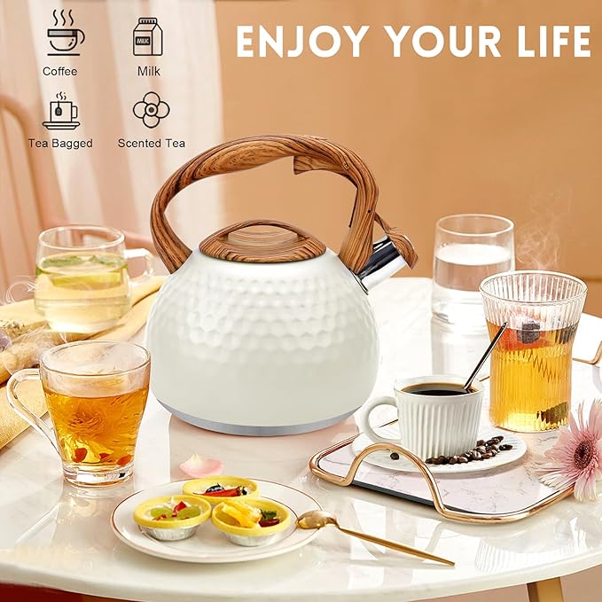 GGC Tea Kettle for Stove Top, Loud Whistling Kettle for Boiling Water Coffee or Milk, 3.1 Quart 3L Heavy Stainless Steel White Kettles with Wood Pattern Handle, Unique Button Control Kettle Outle