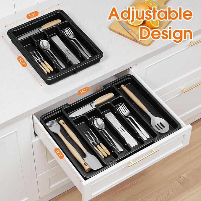 Silverware Organizer，Adjustable & Expandable Utensil Drawer Organizer, BPA Free Utensil Holder, Cutlery Tray for Forks, Spoons, Knives in Kitchen, Medium, Black