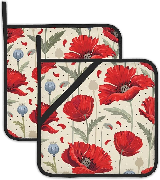 Red Poppy Flowers Pot Holders Set of 2 Heat Resistant Potholders,Fire Oven Hot Pads for Kitchen Cooking Baking Barbecue