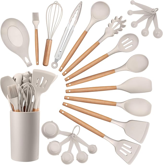HaWare Kitchen Cooking Utensils Set, 23-Piece Silicone Kitchen Utensils Spatula Set with Holder, Heat Resistant Wooden Handle Kitchen Gadget for Nonstick Cookware, Food-grade Turner Spoon Sets (Khaki)