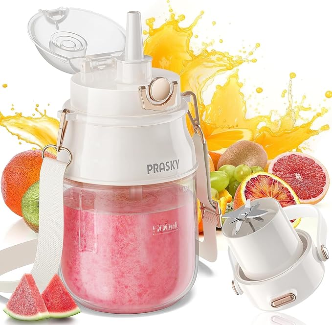 Portable Blender, Prasky Personal Blenders for Shakes and Smoothies with 27oz Cup, Lid and Shoulder Strap,Type-C USB Rechargeable, Personal Size Blenders BPA-free for Gym/Travel/Kitchen (Ivory White)