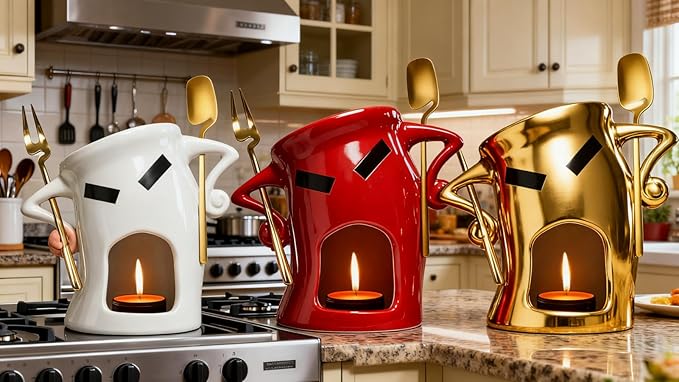 Ceramic Fondue Cup Set w/Built-In Fork & Spoon - Mini Chocolate/Cheese Fondue Mug | Microwave & Dishwasher Safe | Compact Gift-Ready (White)