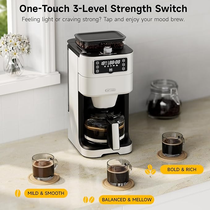 Drip Coffee Maker with Built-in Grinder, 10-Cup Coffee Machine with 24-Hour Delay Timer, Touch Screen, Self-Cleaning, Reusable Filter, 1.5L Removable Water Tank, Warming Plate, White