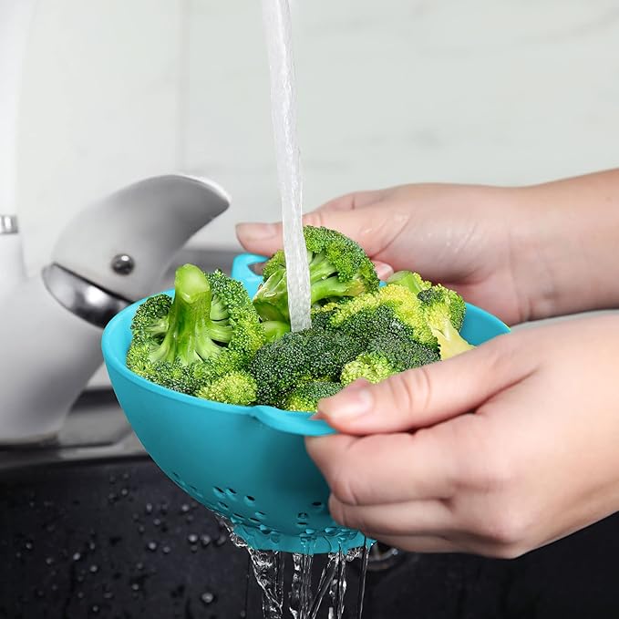Meadow Lane 6-inch Small Colander, BPA-Free, Dishwasher Safe, Double Handles, Compact Food Strainer for Berries, Veggies and Pasta, 3-Cup Capacity, Light Blue